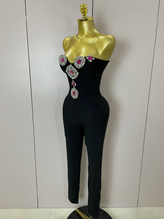 Luxury Sexy Strapless Backless Crystal Diamonds Black Bodycon Bandage Jumpsuit Women Celebrity Designer High Street Rompers