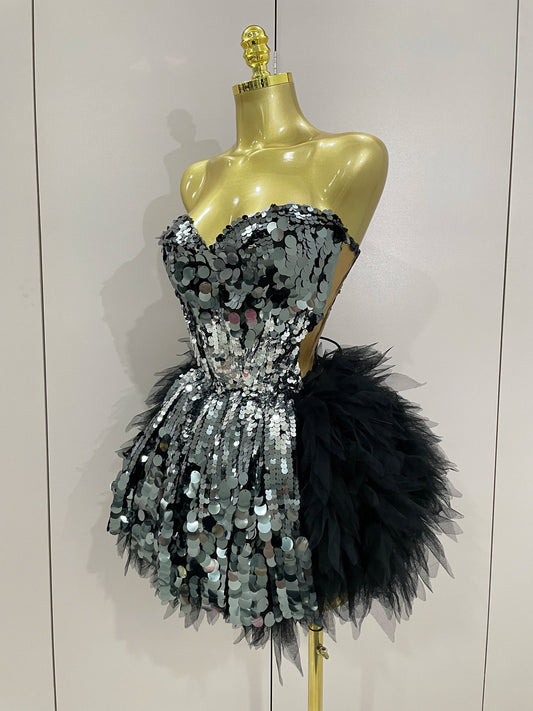 Sparkly Black Sequins Two Pieces Set Women Party Evening Prom Celebrate Birthday Dress Nightclub Photo Shoot Stage Costume