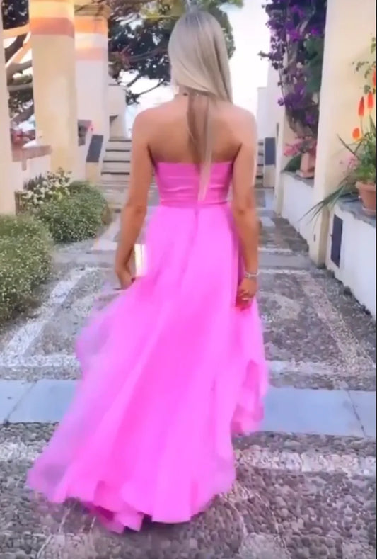 Hot Pink Ruffles Prom Dresses Sweetheart Pleated Strapless Floor Length Formal Evening Dress Women Special Party Gowns