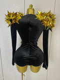 Shiny Gold Rhinestone Black Velvet Long Sleeve Bodysuit Women Evening Party Club Gala Hosts NightClub Bar Stage Costumes