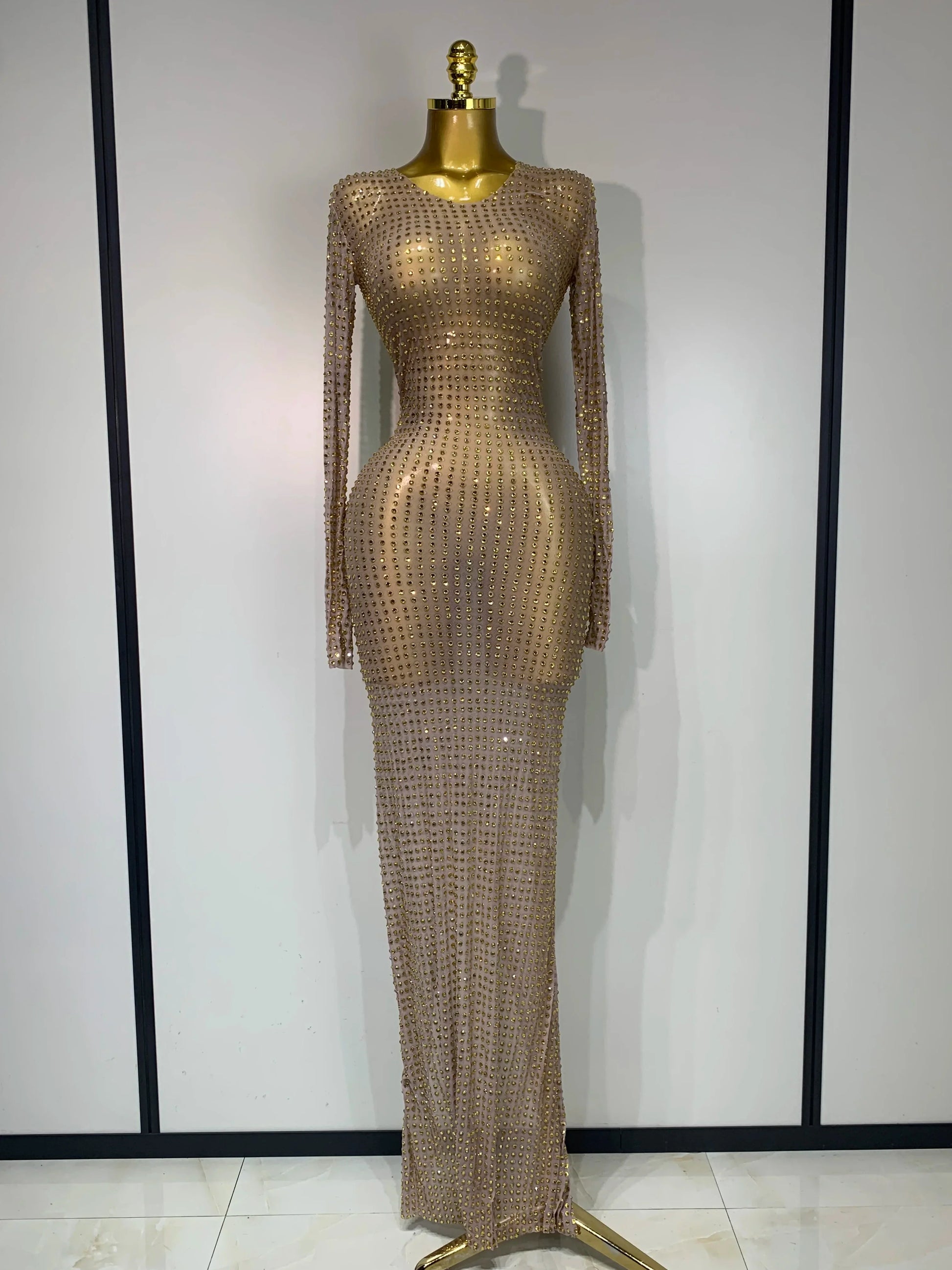 Sparkly Rhinestone Elegant Party Long Dress Celebrity Evening Luxury Birthday Nightclub Prom Gown Singer Dancer Stage Outfit Gold