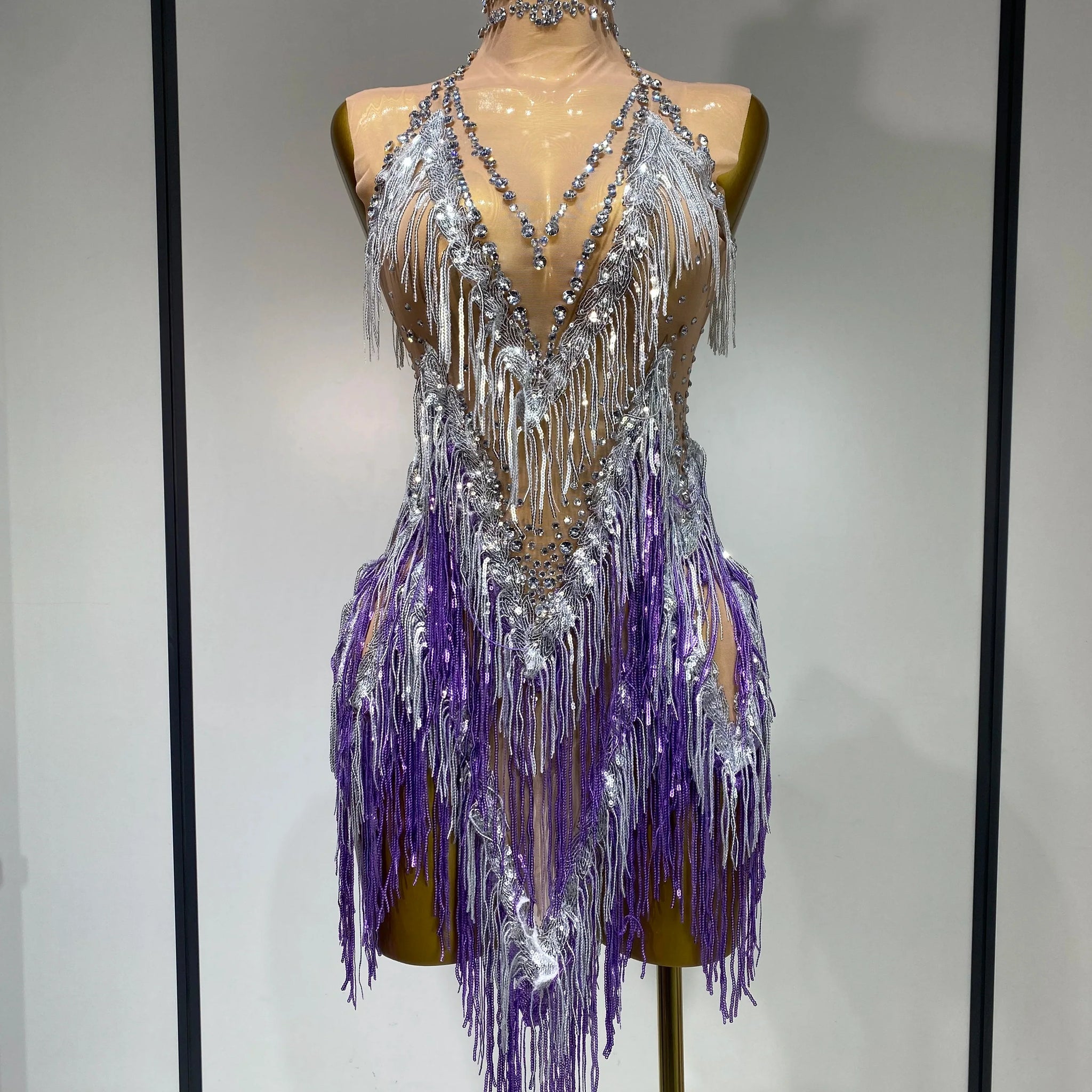 Luxury Rhinestone Tassel Sexy Women Short Latino Dance Dress Birthday Nightclub Bar Sleeveless Sparkly Performance Stage Outfit PURPLE