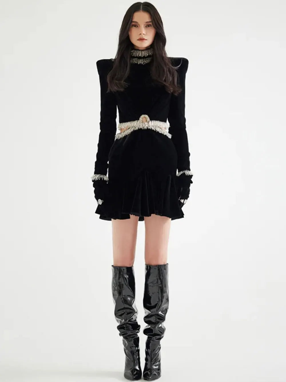 Sexy Women's Open Waist Tassel Velvet Dress Stand Collar Long Sleeve Slimming Mini Dress Celebrity Evening Party Vestidos