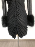 Sexy Women's Patchwork Mesh Dress with High Collar and Hairy Sleeve Design Bodycon Draped Mini Dress Evening Party Vestidos