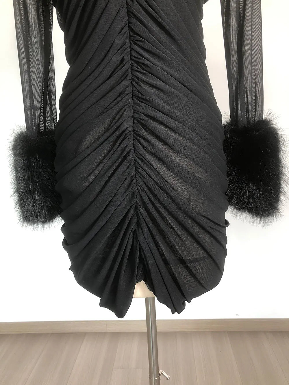Sexy Women's Patchwork Mesh Dress with High Collar and Hairy Sleeve Design Bodycon Draped Mini Dress Evening Party Vestidos