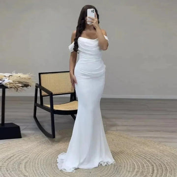 White Off-Shoulder Pleated Chiffon Mermaid Evening Dress for Wedding Party and Prom White