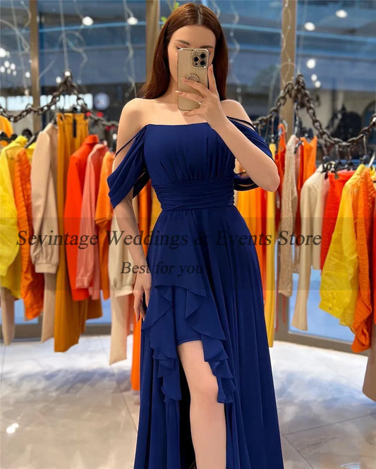Elegant Chiffon Evening Dresses Spaghetti Strap Off The Shoulder Pleat Ruched Middle Slit Prom Dresses for women