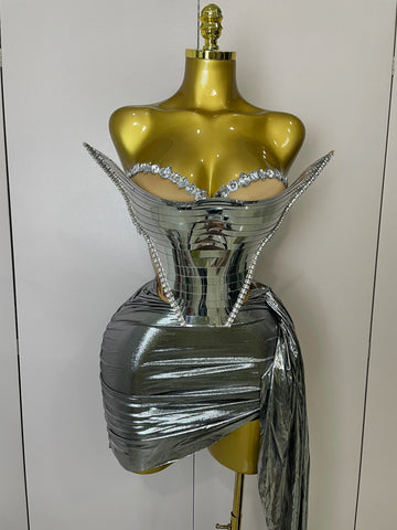 Sparkly Gold Sequin Sexy Top Two Pieces Set Women Celebrate Party Birthday NightClub Performance Dancer Show Stage Outfit Silver