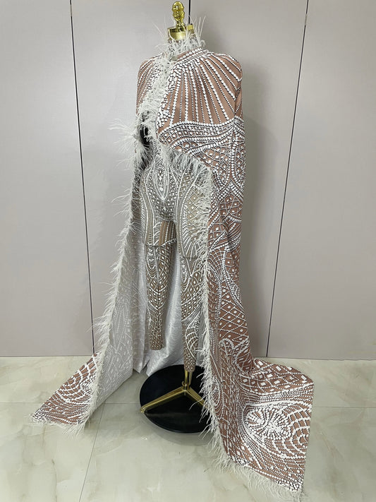 Luxury Feathers Cloak White Printing Sexy Sheath Jumpsuit Women Evening Party Bar Nightclub Singer Stage Performance Costume
