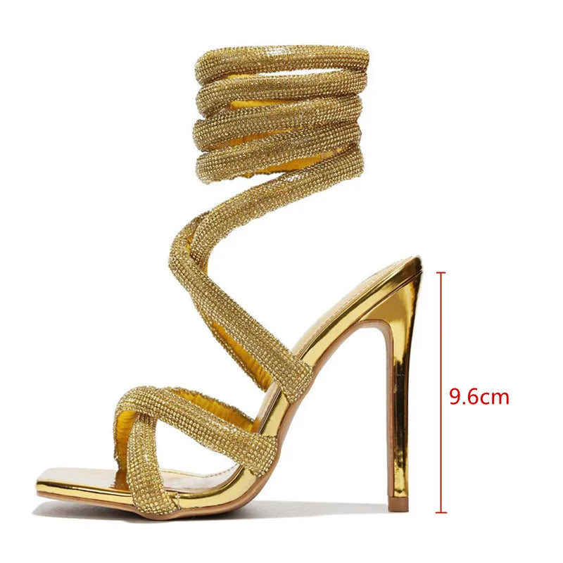 Luxury Rhinestones Women Sandals Sexy Ankle Strap Cross-tied Thin High Heeled Gladiator Sandals Fashion Summer Party Prom Shoes Gold