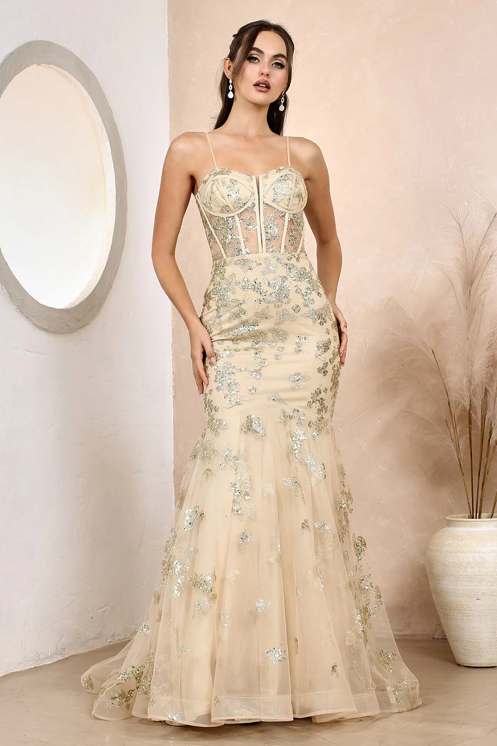 Strapless Prom Dresses Lace Appliques Tulle Mermaid Wedding Dress Shiny Sequins Floor-Length Vestidos De Fiesta Beige