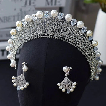 Crystal Pearl Tiaras and Crowns Zircon Diadem For Bride Women Prom Pageant Headband Wedding Hair Accessories Bridal Jewelry a
