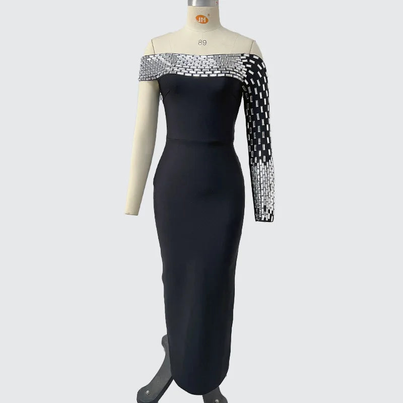 High Quality Women Sexy One Shoulder Shinning Crystal Bodycon Long Bandage Dress Elegant Evening Party Celebrity Red Carpet Wear black