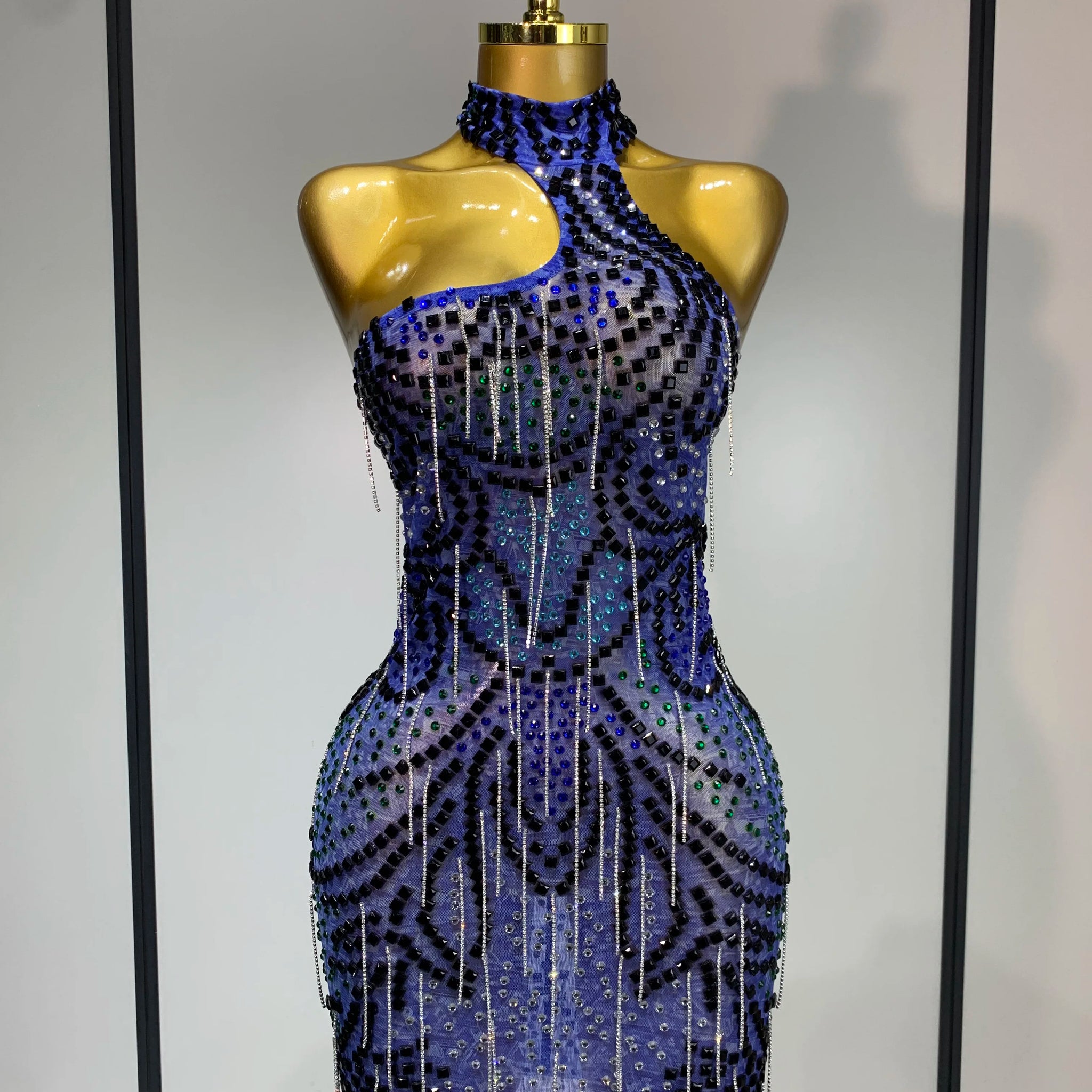 Sexy Sparkly Rhinestones Chains Blue Mesh Mini Dress 2025 New Women Party Celebrate Birthday Dresses Photo Shoot Stage Outfit Blue