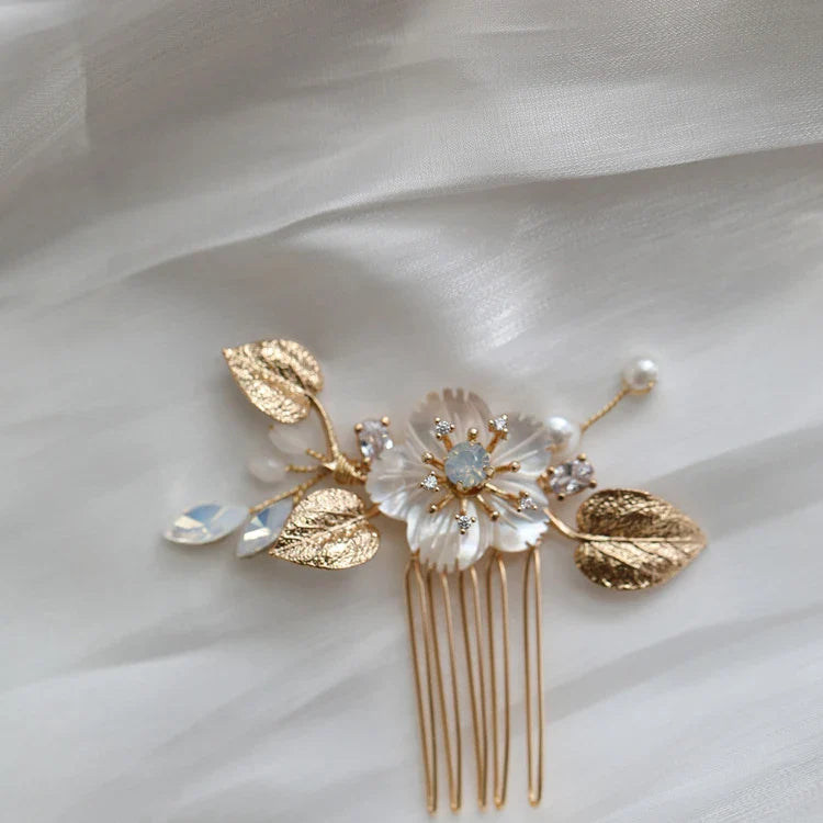 Opal Rhinestones Crystal Hair Comb Pin Clip Gold Color Head Piece Brides Flower Leaf Hairpins Wedding Accessories Bridal Jewelry 155