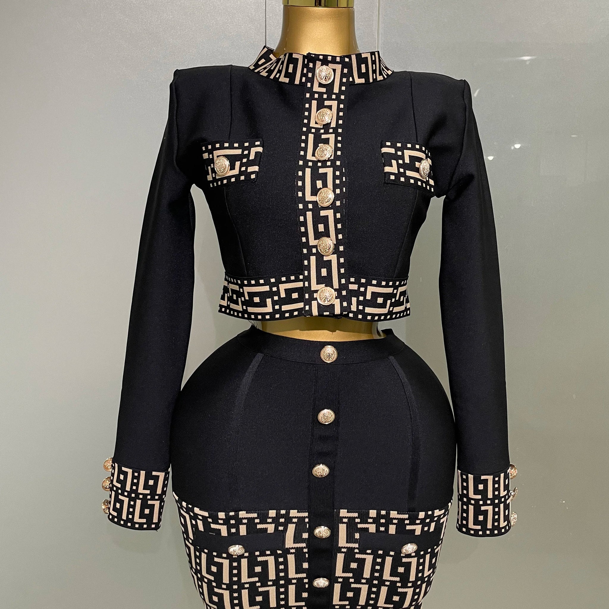 Trendy Black Long Sleeves Two Pieces Bandage Set Button Top Short Skirt Suit Evening Party Women's Outfit Nightclub Wear black