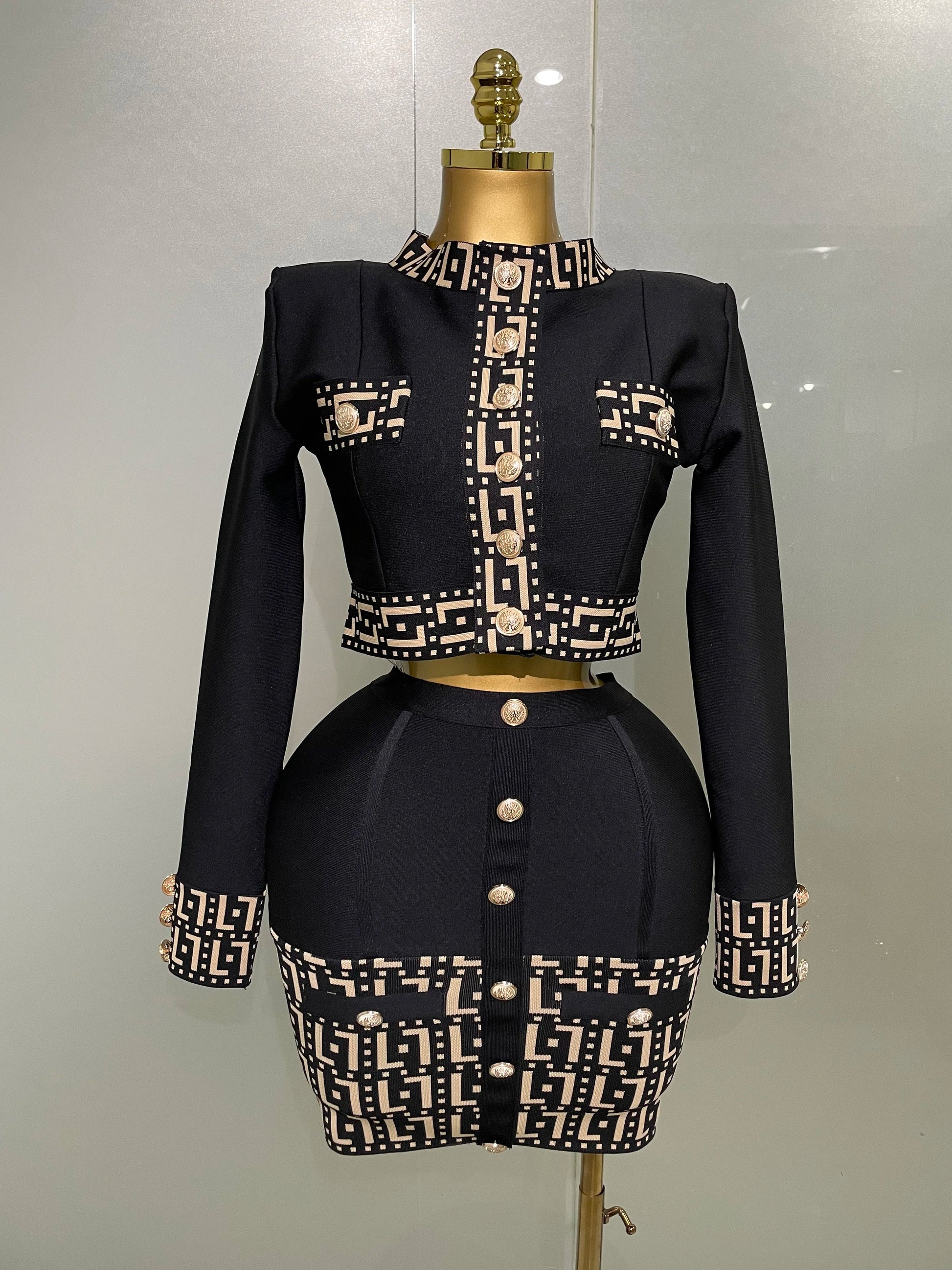 Trendy Black Long Sleeves Two Pieces Bandage Set Button Top Short Skirt Suit Evening Party Women's Outfit Nightclub Wear black