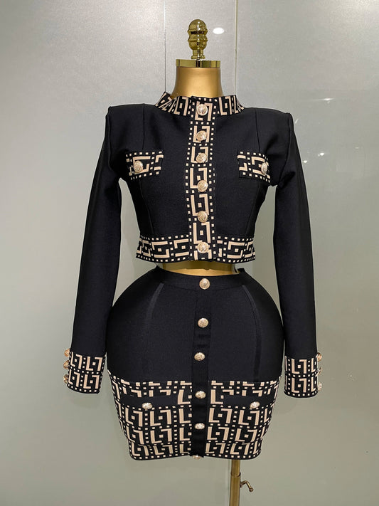 Trendy Black Long Sleeves Two Pieces Bandage Set Button Top Short Skirt Suit Evening Party Women's Outfit Nightclub Wear black