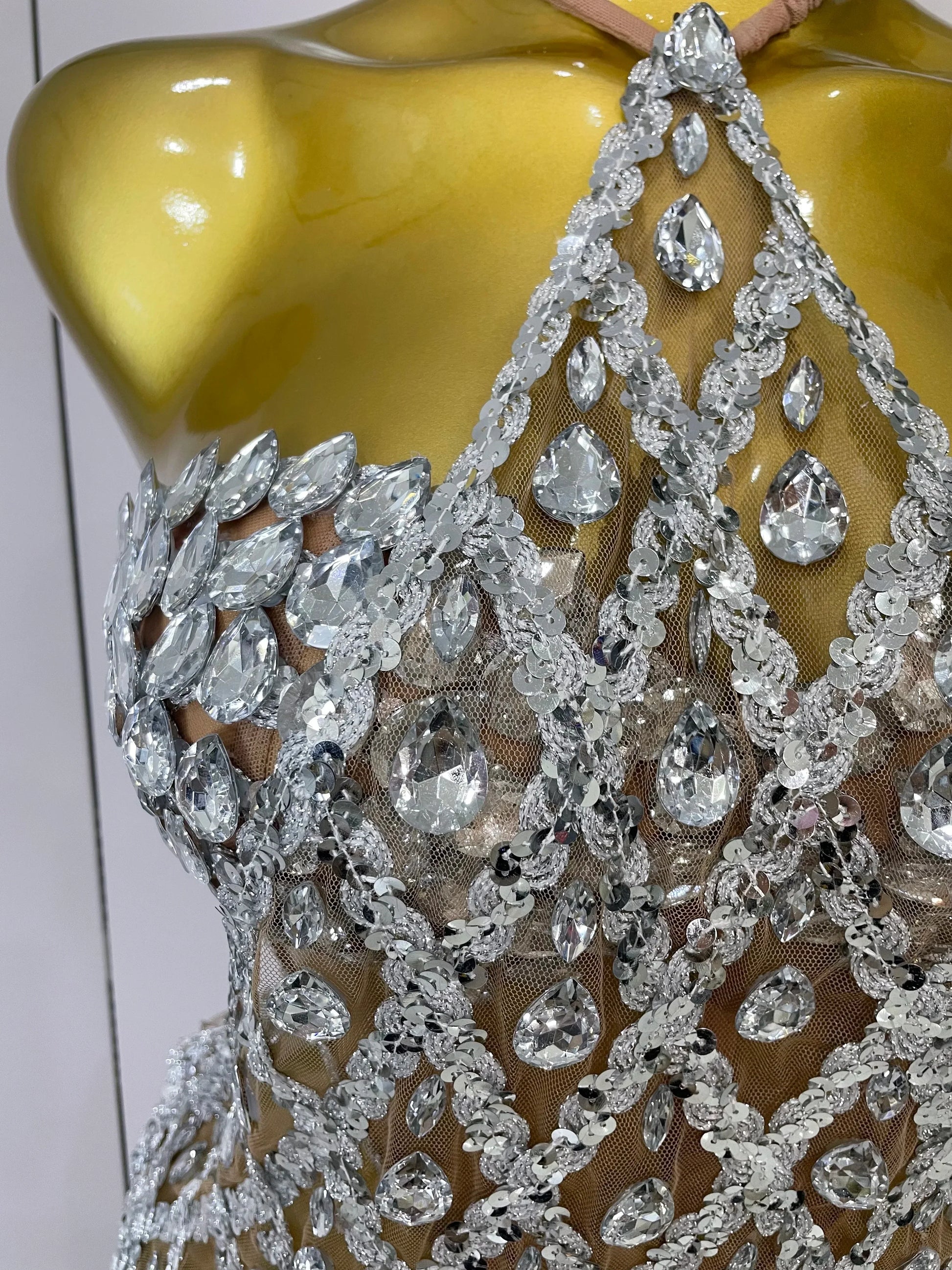 Sparkly Sequin Diamond MeshTransparent Top Dress Two Piece Set Women Sexy Evening Party Celebrate Birthday Photo Shoot Wear
