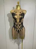 Luxury Sparkly Rhinestones Chain Sleeveless Mini Dress Women Sexy Performance Dance Nightclub Outfit Birthday Party Dress black