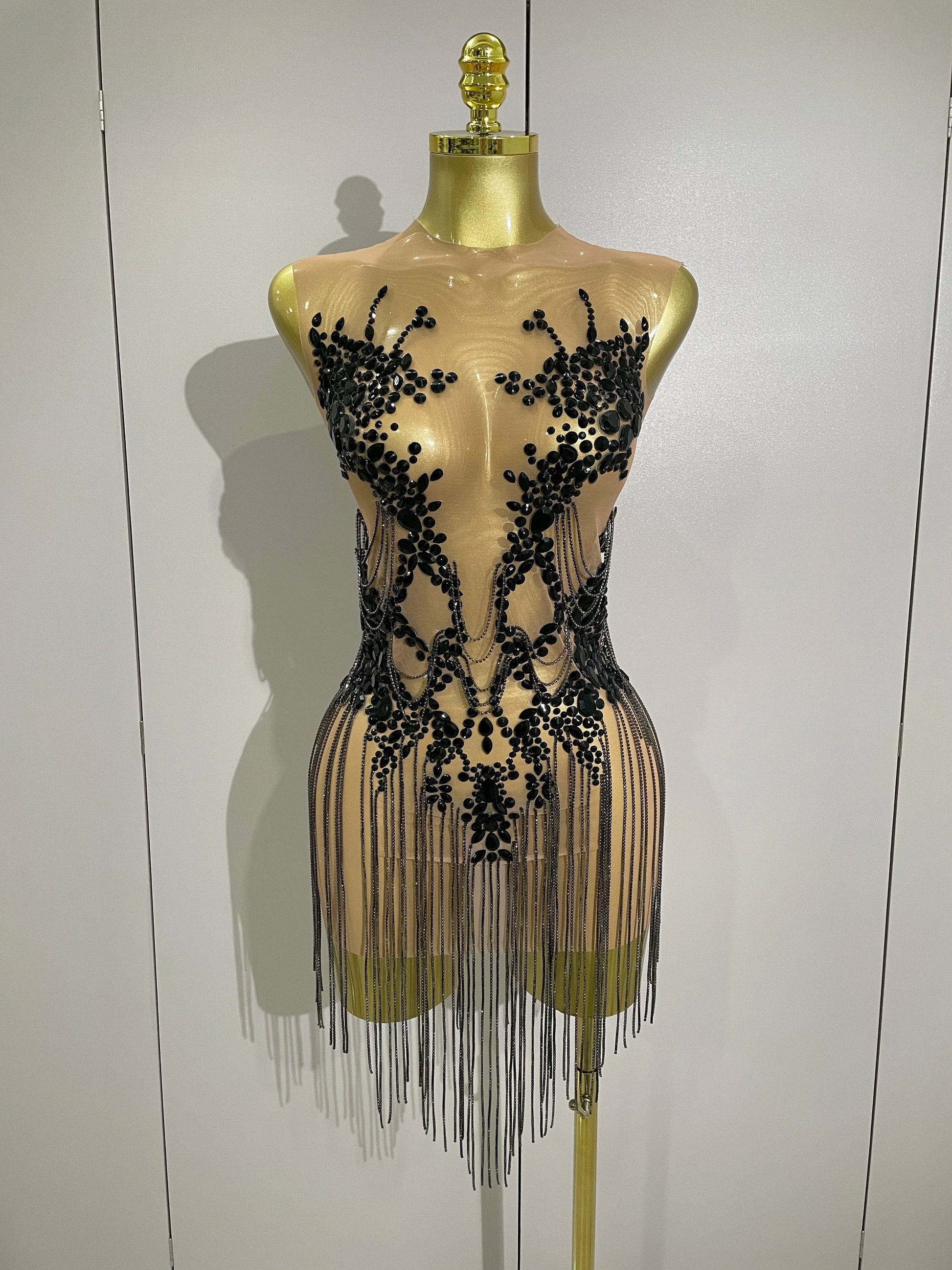 Luxury Sparkly Rhinestones Chain Sleeveless Mini Dress Women Sexy Performance Dance Nightclub Outfit Birthday Party Dress black