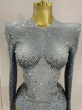 Sparkle Silver Rhinestones Long Sleeve Stretch Bodysuits Women Evening Luxury Birthday Party Sexy Nightclub Stage Costu