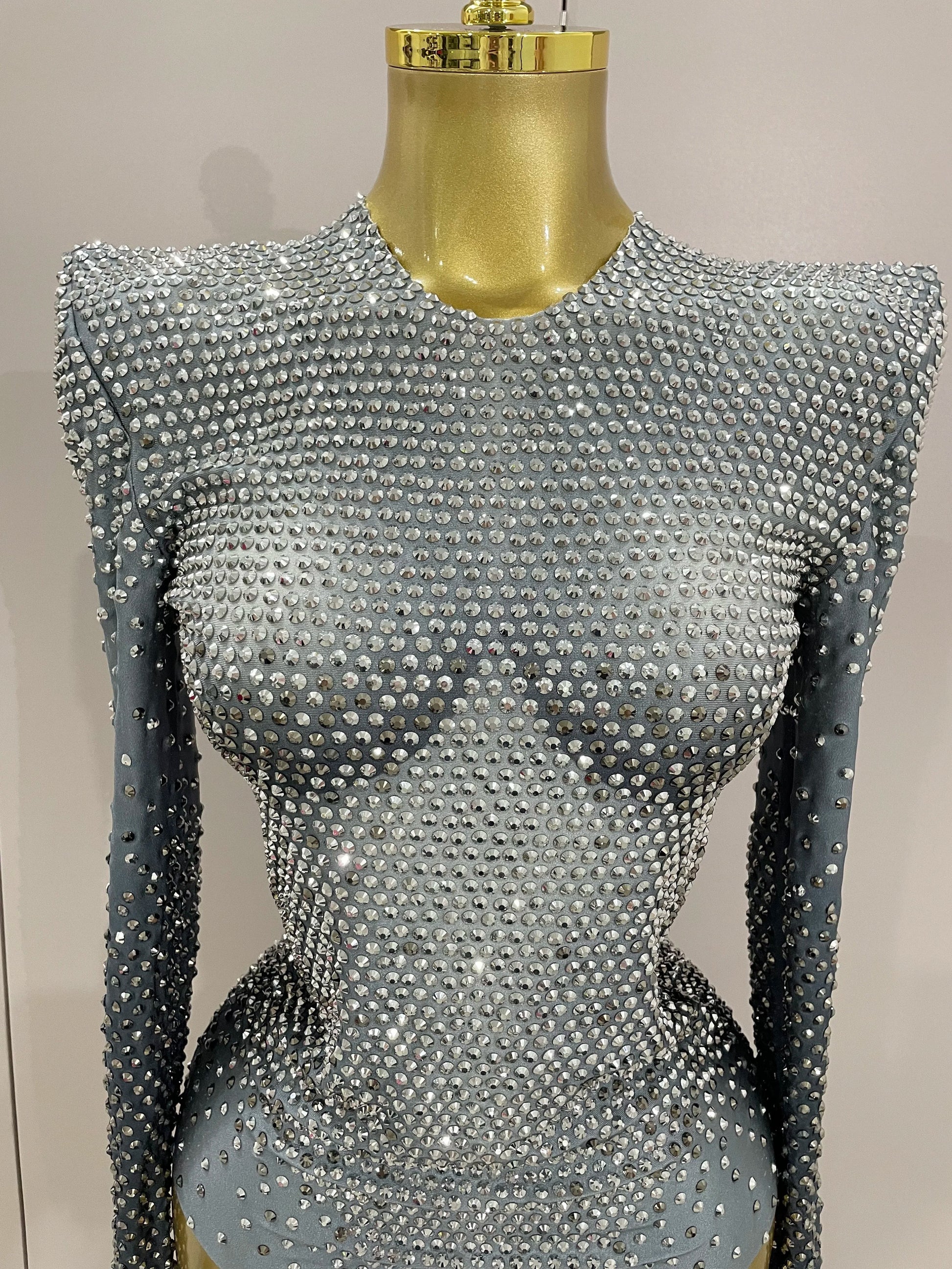 Sparkle Silver Rhinestones Long Sleeve Stretch Bodysuits Women Evening Luxury Birthday Party Sexy Nightclub Stage Costu