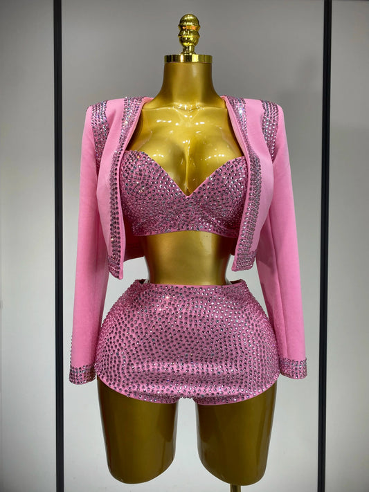Luxury Rhinestone Jacket Bra Top And Matching Shorts Set 3 Pieces Outfits Women Sexy Sparkle Nightclub Singer Stage Outfit Pink