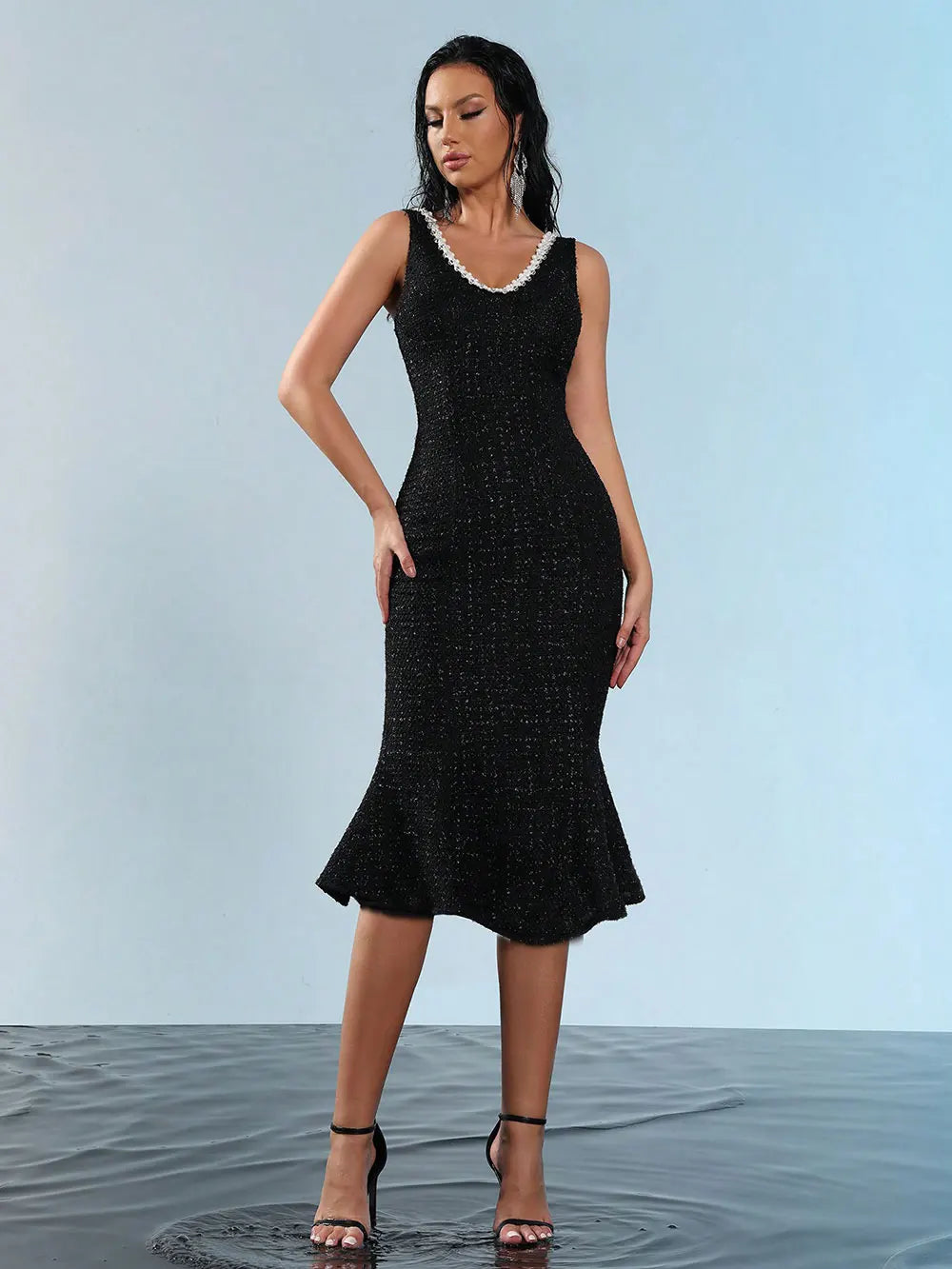 Elegant Women's Nail Bead Design Fishtail Dress V-neck Sleeveless Bodycon Flute Dresses Cocktail Evening Party Vestidos black