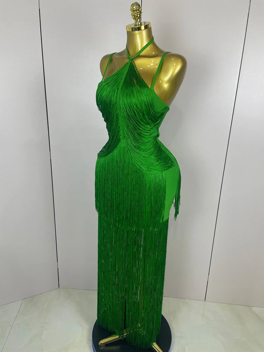 Sexy Backless Green Tassel Ankle Bodycon Bandage Dress Women Celebrity Elegant Evening Club Luxury Birthday Party Outfit