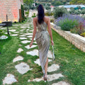 2024 Summer Sexy Hollow Out One Shoulder Champagne Sequins Ankle Length Dress Woman Evening Party Dress Beach Vocation Outfit