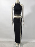 Black Army Green Bandage Two Pieces Sets Sexy Diamond Bead Halter Top Long Skirt Women Bodycon Clothing Elegant Party Sets