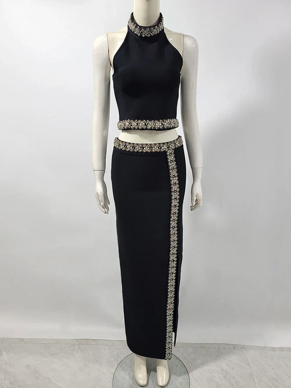 Black Army Green Bandage Two Pieces Sets Sexy Diamond Bead Halter Top Long Skirt Women Bodycon Clothing Elegant Party Sets