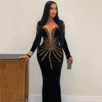 Top Quality Women Long Sleeve Sexy Shinning Golden Rhinestones Bodycon Long Bandage Dress Celebrate Nightclub Party Outfit black