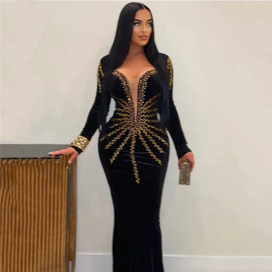 Top Quality Women Long Sleeve Sexy Shinning Golden Rhinestones Bodycon Long Bandage Dress Celebrate Nightclub Party Outfit black