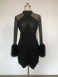 Sexy Women's Patchwork Mesh Dress with High Collar and Hairy Sleeve Design Bodycon Draped Mini Dress Evening Party Vestidos black