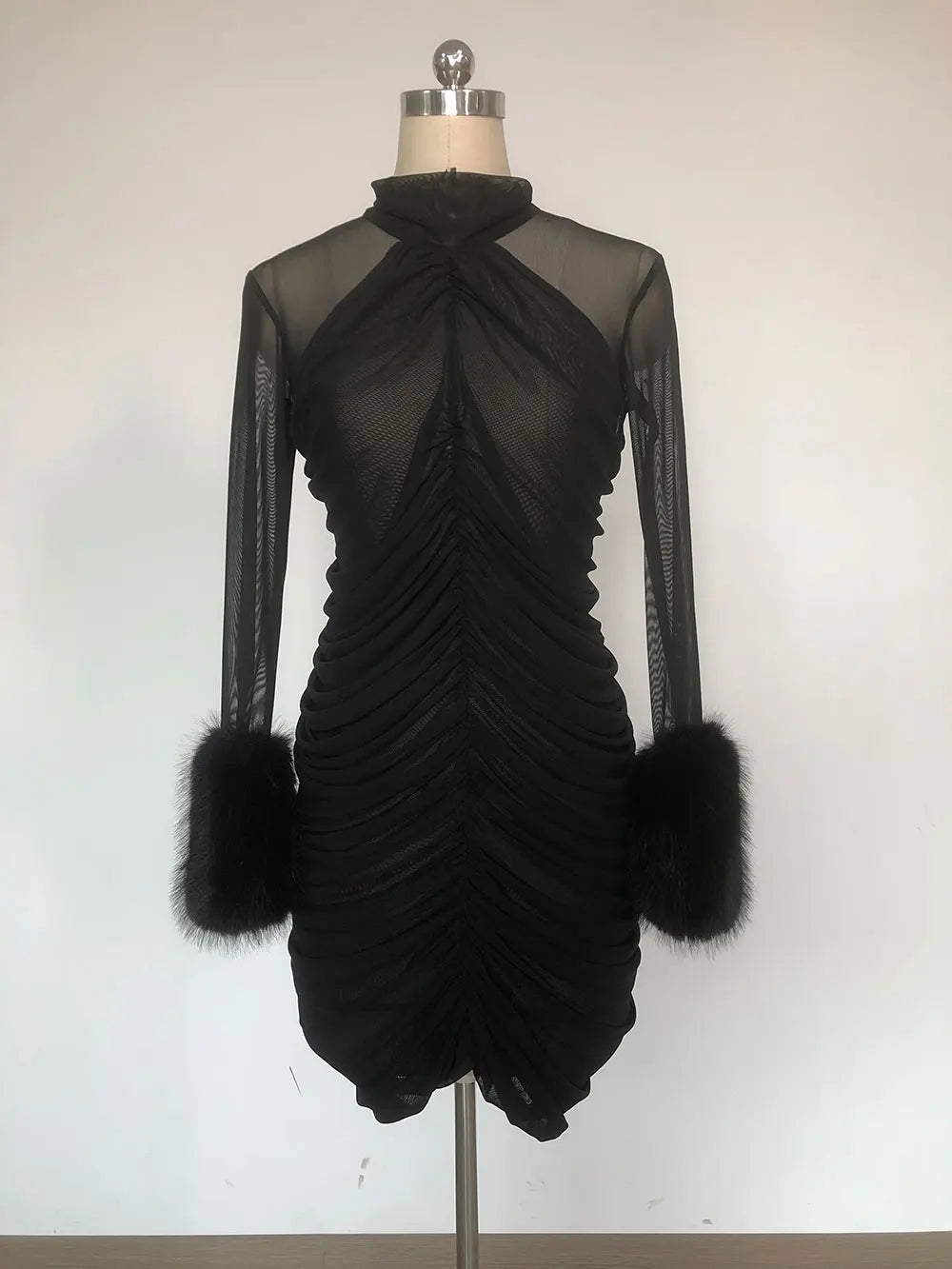Sexy Women's Patchwork Mesh Dress with High Collar and Hairy Sleeve Design Bodycon Draped Mini Dress Evening Party Vestidos black