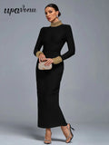Elegant Women Light Luxury Nail Bead Design Bandage Dress High Collar Long Sleeve Bodycon Long Dress Evening Party Vestidos