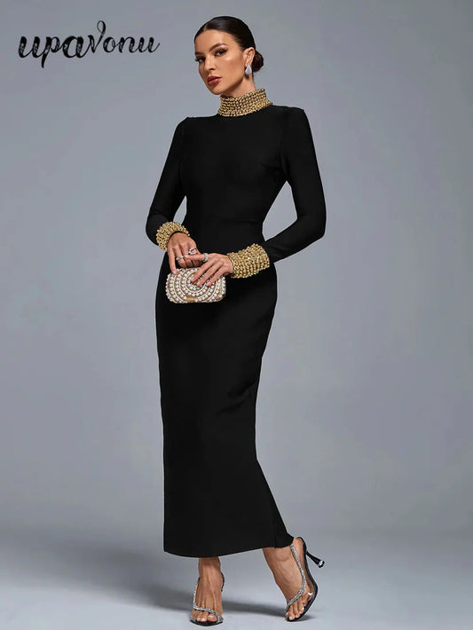 Elegant Women Light Luxury Nail Bead Design Bandage Dress High Collar Long Sleeve Bodycon Long Dress Evening Party Vestidos