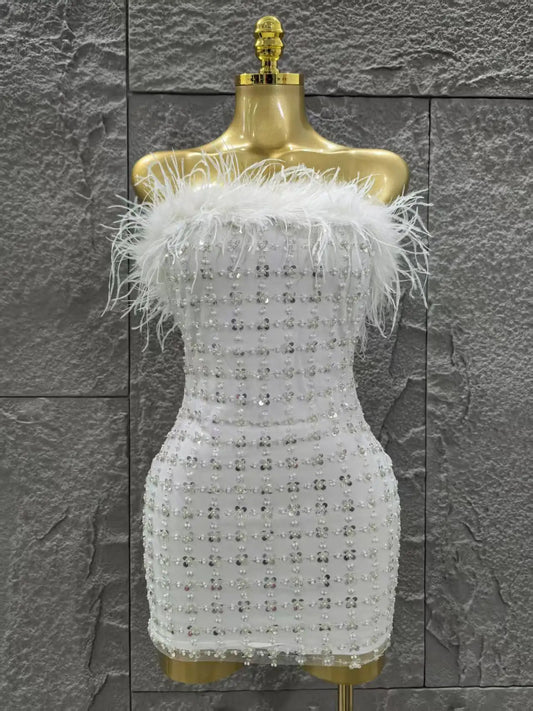 White Color Women Shinning Sequins Straples Bodycon Mini Dress Feathers Fashion Celebrate Birthday Party Cute Cocktail Dress