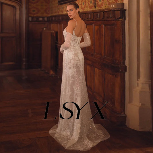 LSYX ärmellose Tiefes V-Ausschnitt Spitzen Applikationen glänzend Tüll Meerjungfrau Hochzeitskleid für Frauen offen nach hinten bodenlange Brautkleid
