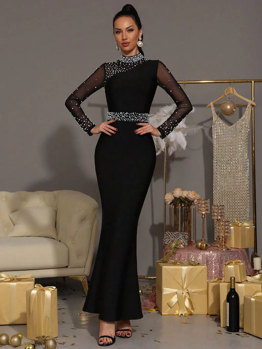 Sexy Women Light Luxury Nail Bead Patchwork Bandage Dress Stand Collar Long Sleeved Bodycon Black Long Dress Party Vestidos
