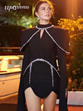 Light Luxury Water Diamond Mini Dress Stand Collar Long Sleeve Bodycon Asymmetric Dress Cocktail Evening Club Party Vestido