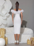 Spring Sexy Women's Light Luxury Feather Design Bandage Dress One Collar Shoulder Bodycon Bareback Dresses Party Vestidos