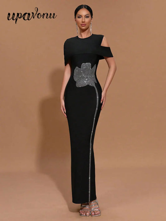 Elegant Women Light Luxury Hot Diamond Flower Design Bandage Dress O-Neck Shoulder Bodycon Long Dress Evening Party Vestido