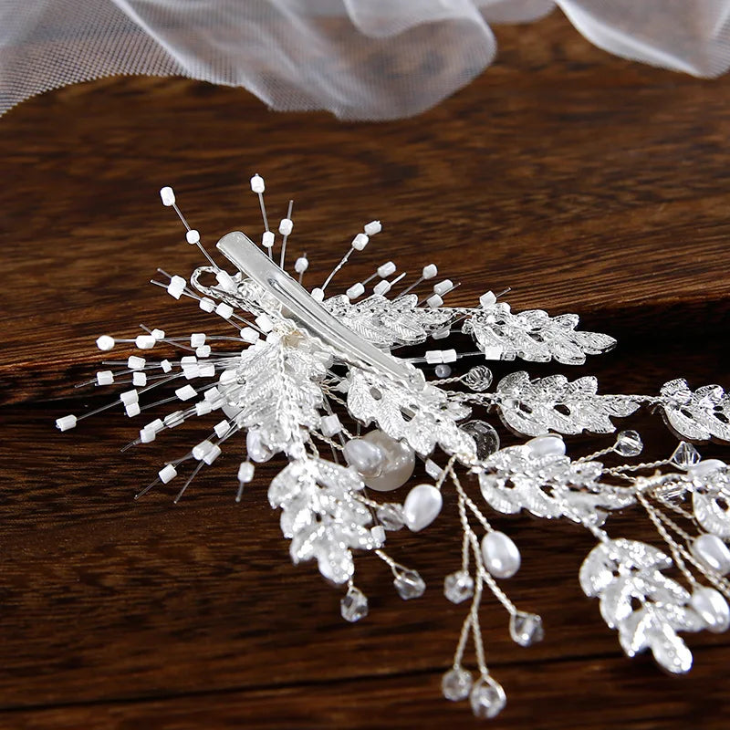 Wedding Accessories Pearl Rhinestones Hair Pin Clip Silver Color Hairpin For Brides Bridesmaids Leaf Head Piece Bridal Jewelry