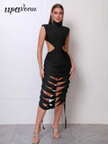 Sexy Women'S Hollow Design Bandage Dress High Neck Sleeveless Waist Exposed Bodycon Backless Mid Length Dress Party Vestido
