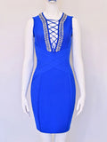 Spring Sexy Women's Drawstring Nail Diamond Design Bandage Dress Sleeveless Bodycon Blue Mini Dress Evening Party Vestidos