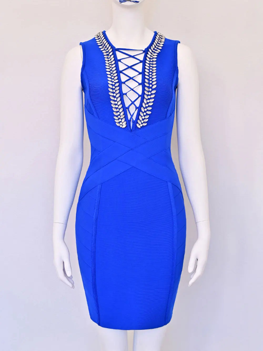 Spring Sexy Women's Drawstring Nail Diamond Design Bandage Dress Sleeveless Bodycon Blue Mini Dress Evening Party Vestidos