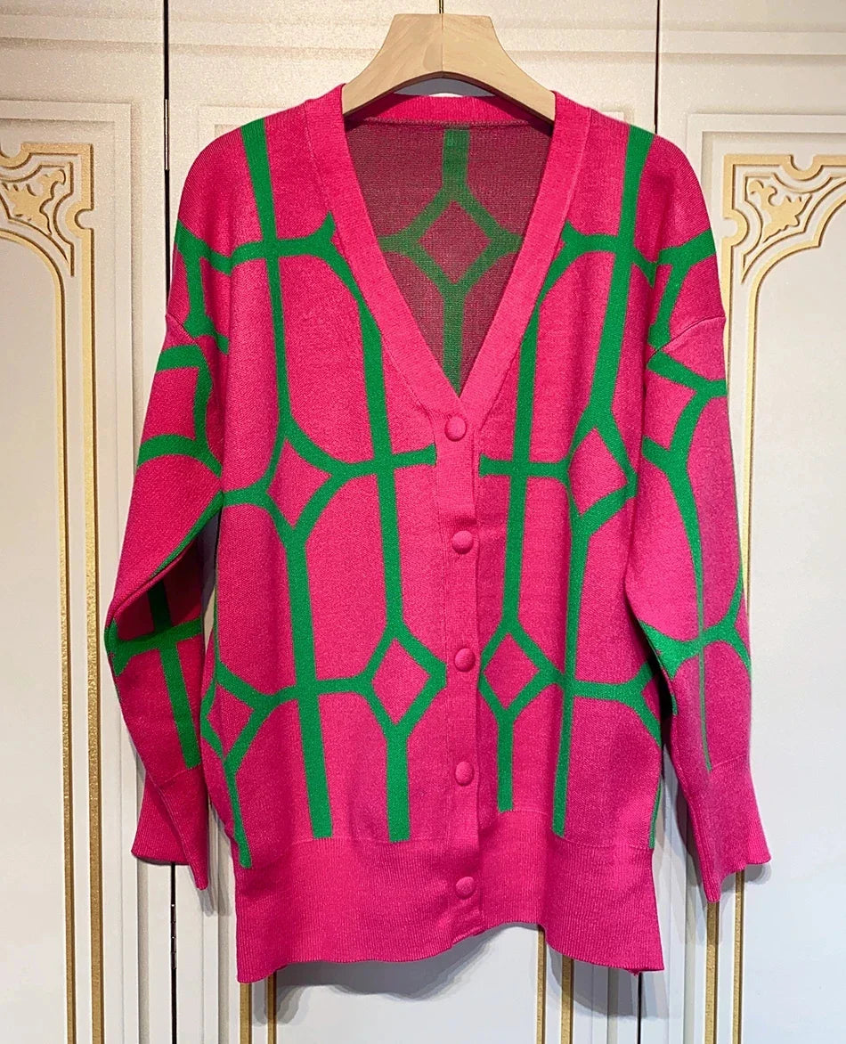 Women's Casual Oversized Cardigan Knitted Fall V-neck Lantern Long Sleeve Single-breasted Printed Knit rose Red